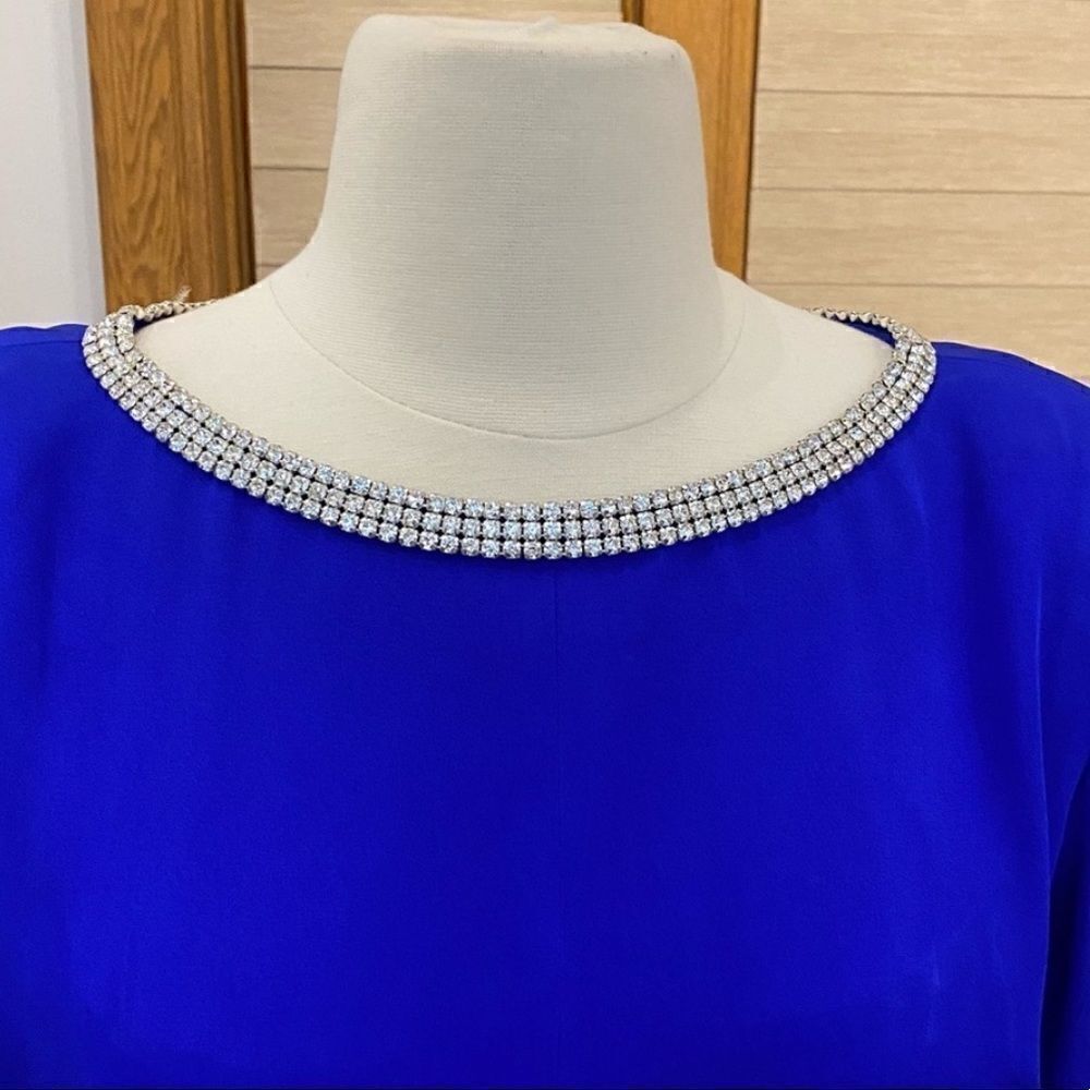 Jaw Dropping Vintage 1960’s / 1970s Neon Cobalt Rhinestone Trim Dress - Picture 9 of 13
